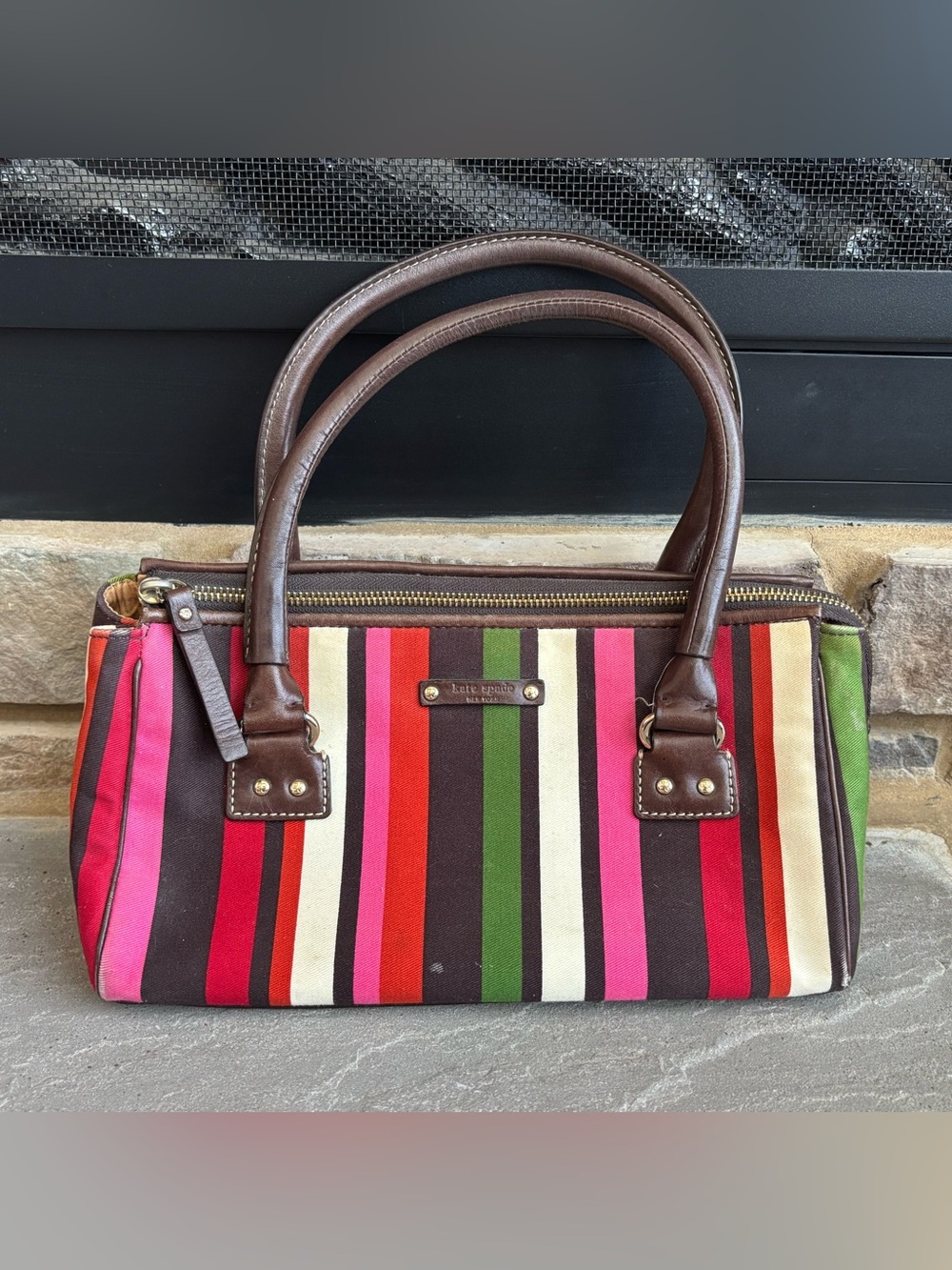 kate spade Multicolor Striped Canvas Shoulder Bag with Brown Trim
